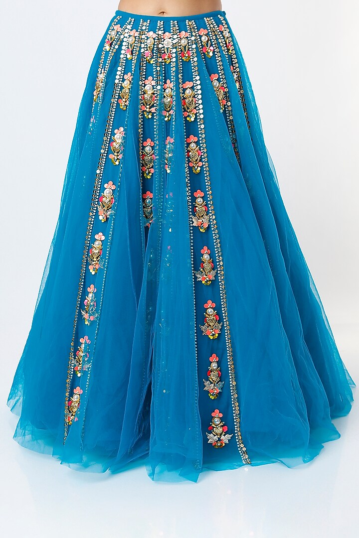 Electric Blue Tulle Embellished Bridal Lehenga Set by Papa Don't Preach by Shubhika at Pernia's Pop Up Shop