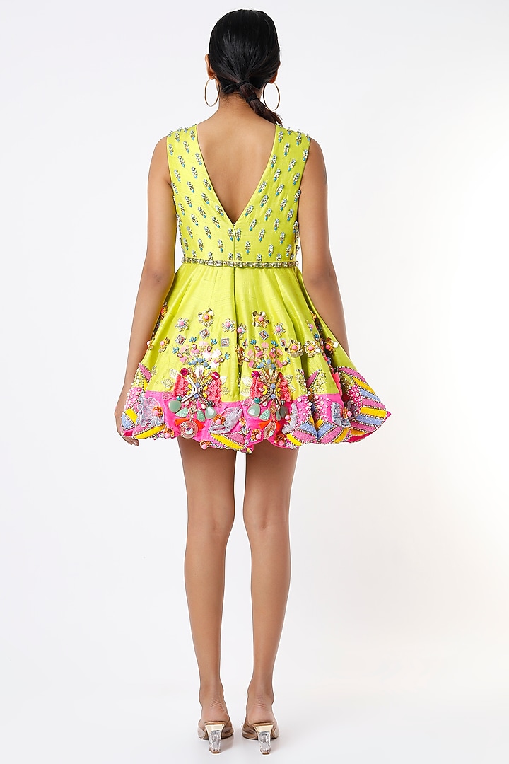 Mint Green Raw Silk Embroidered Mini Dress by Papa Don't Preach by Shubhika at Pernia's Pop Up Shop