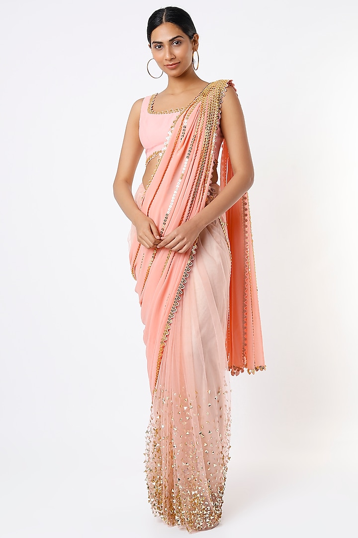 Peach Embellished Pre-Stitched Reception Saree Set by Papa Don't Preach by Shubhika at Pernia's Pop Up Shop
