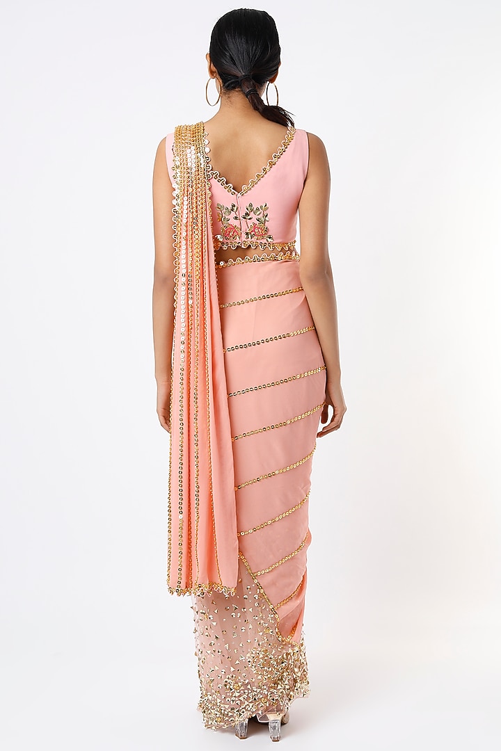 Peach Embellished Pre-Stitched Reception Saree Set by Papa Don't Preach by Shubhika at Pernia's Pop Up Shop