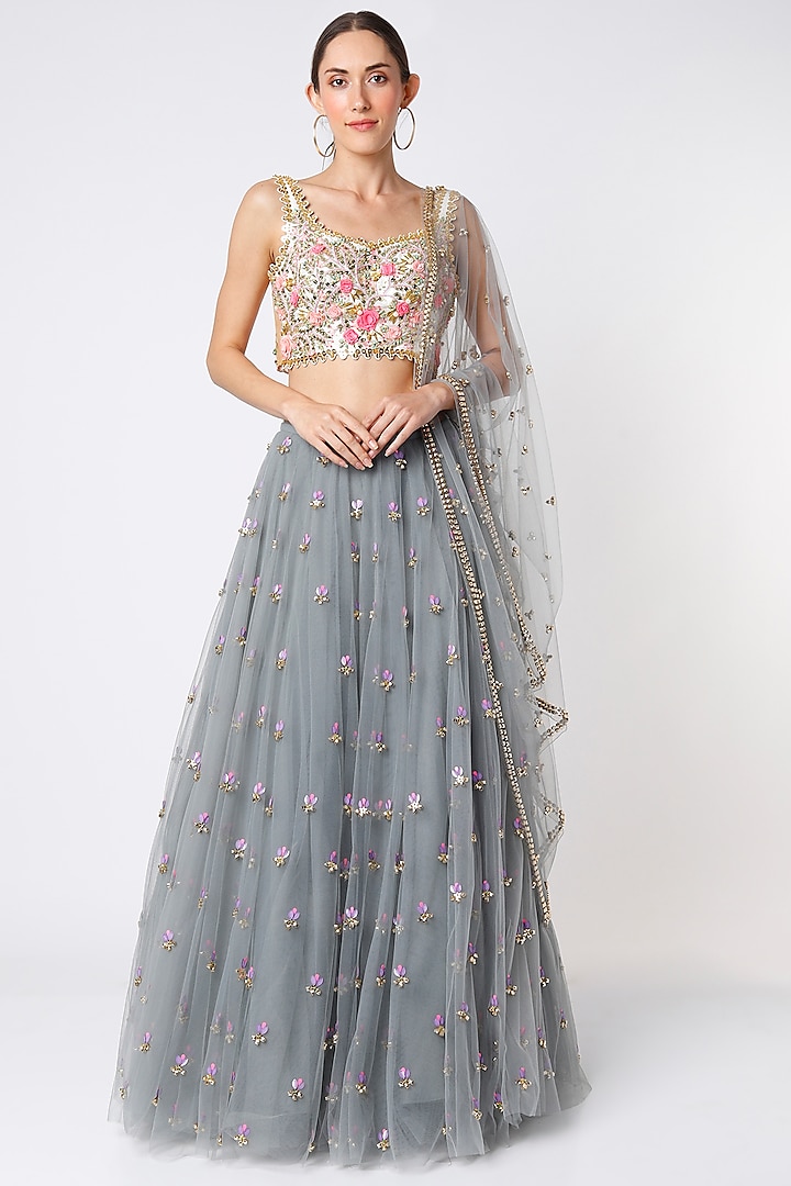 Grey Embellished Lehenga Set by Papa Don't Preach by Shubhika