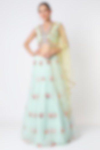 Mint Blue Tulle Embellished Lehenga Set by Papa Don't Preach by Shubhika