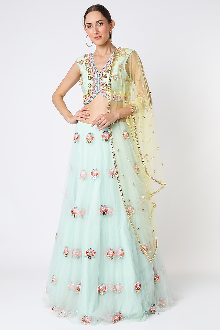 Mint Blue Tulle Embellished Lehenga Set by Papa Don't Preach by Shubhika
