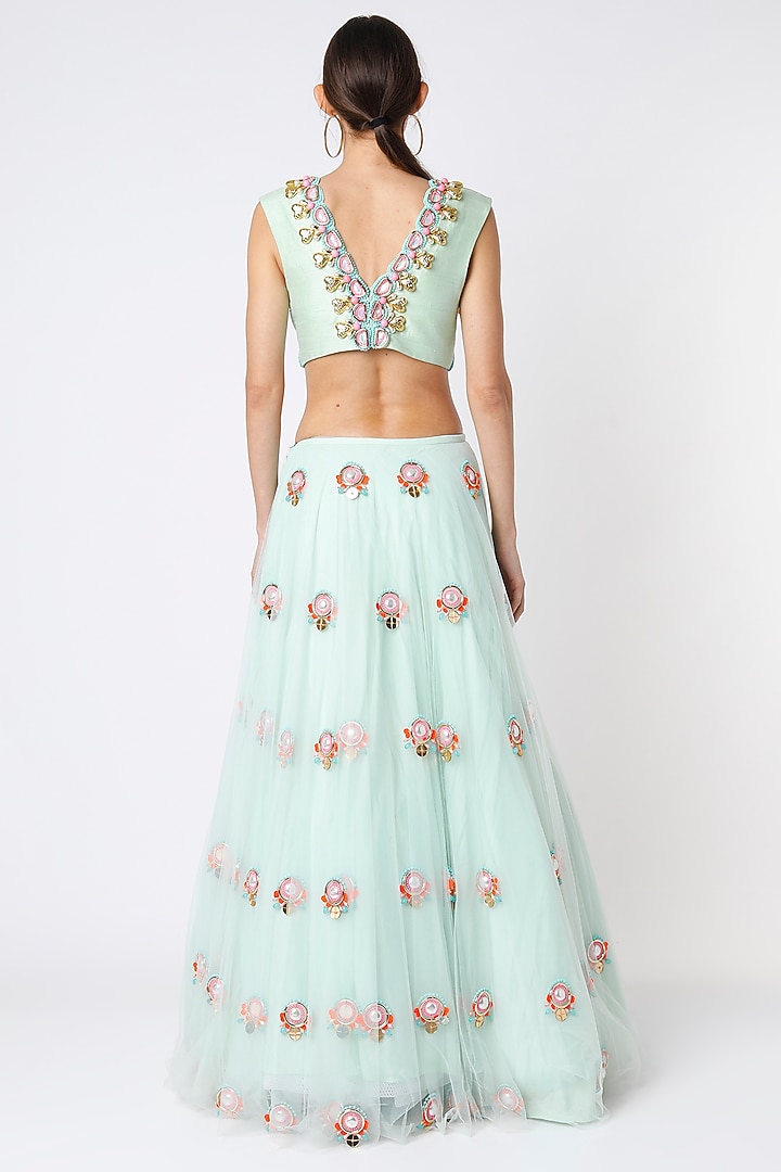 Mint Blue Tulle Embellished Wedding Lehenga Set by Papa Don't Preach by Shubhika at Pernia's Pop Up Shop