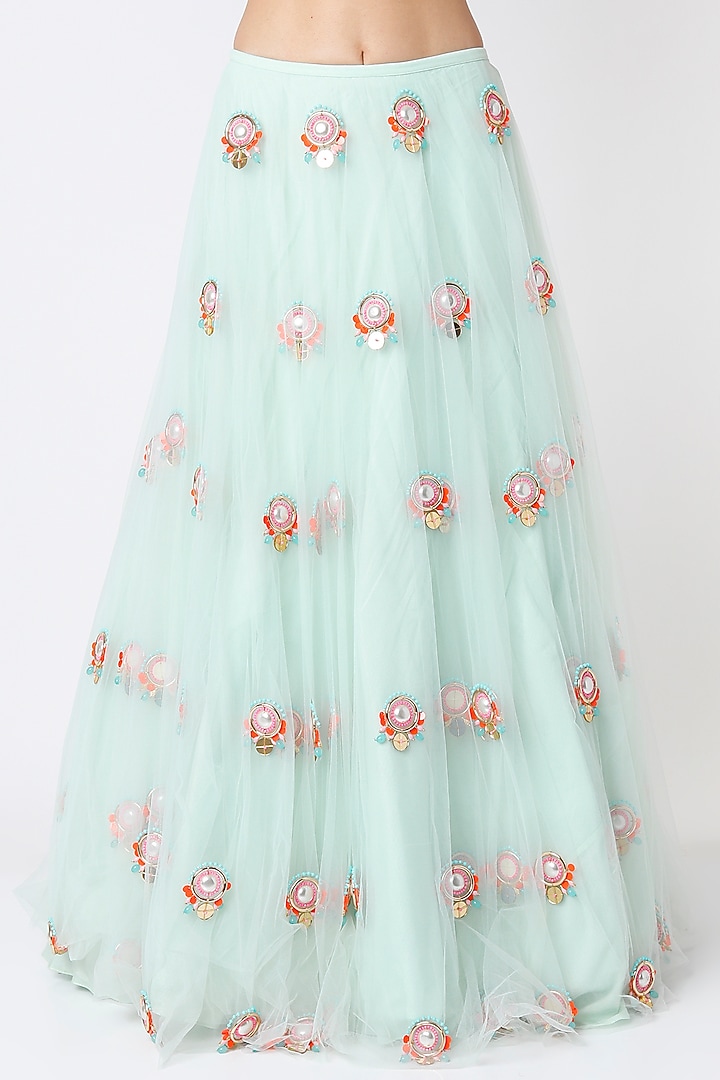 Mint Blue Tulle Embellished Wedding Lehenga Set by Papa Don't Preach by Shubhika at Pernia's Pop Up Shop