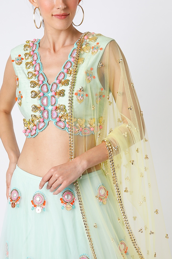 Mint Blue Tulle Embellished Wedding Lehenga Set by Papa Don't Preach by Shubhika at Pernia's Pop Up Shop
