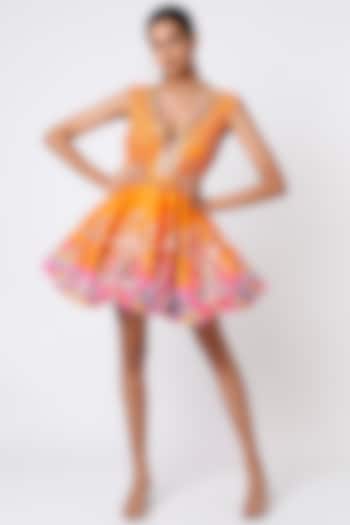Mustard & Pink Embroidered Mini Party Wear Dress by Papa Don't Preach by Shubhika at Pernia's Pop Up Shop
