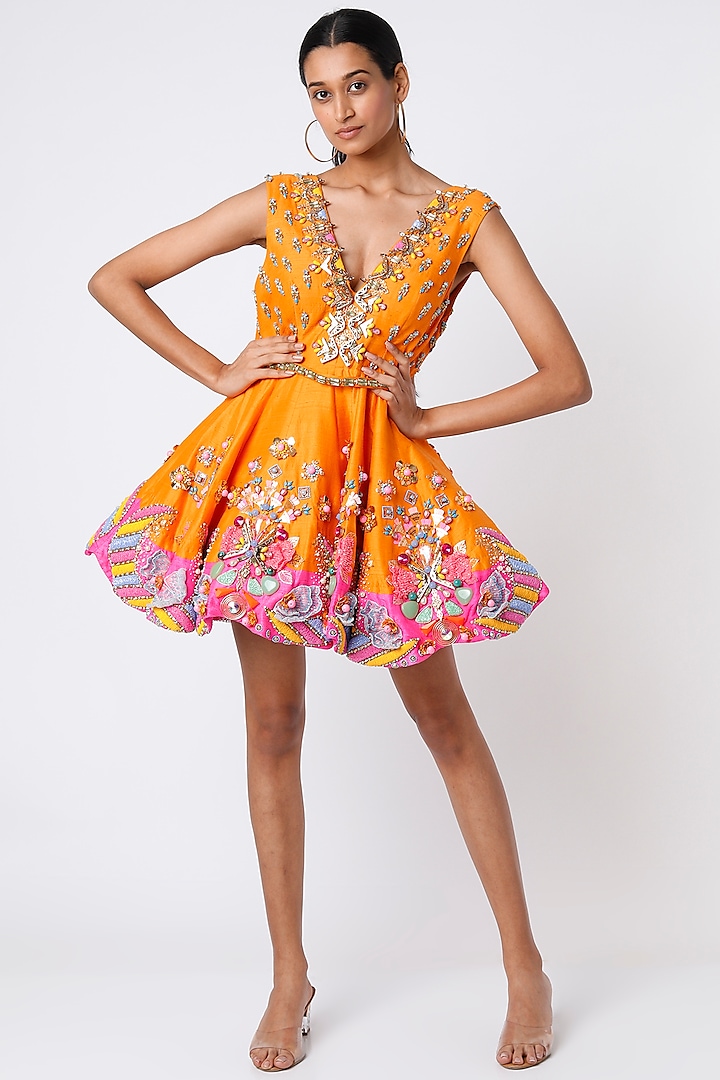 Mustard & Pink Embroidered Mini Party Wear Dress by Papa Don't Preach by Shubhika at Pernia's Pop Up Shop