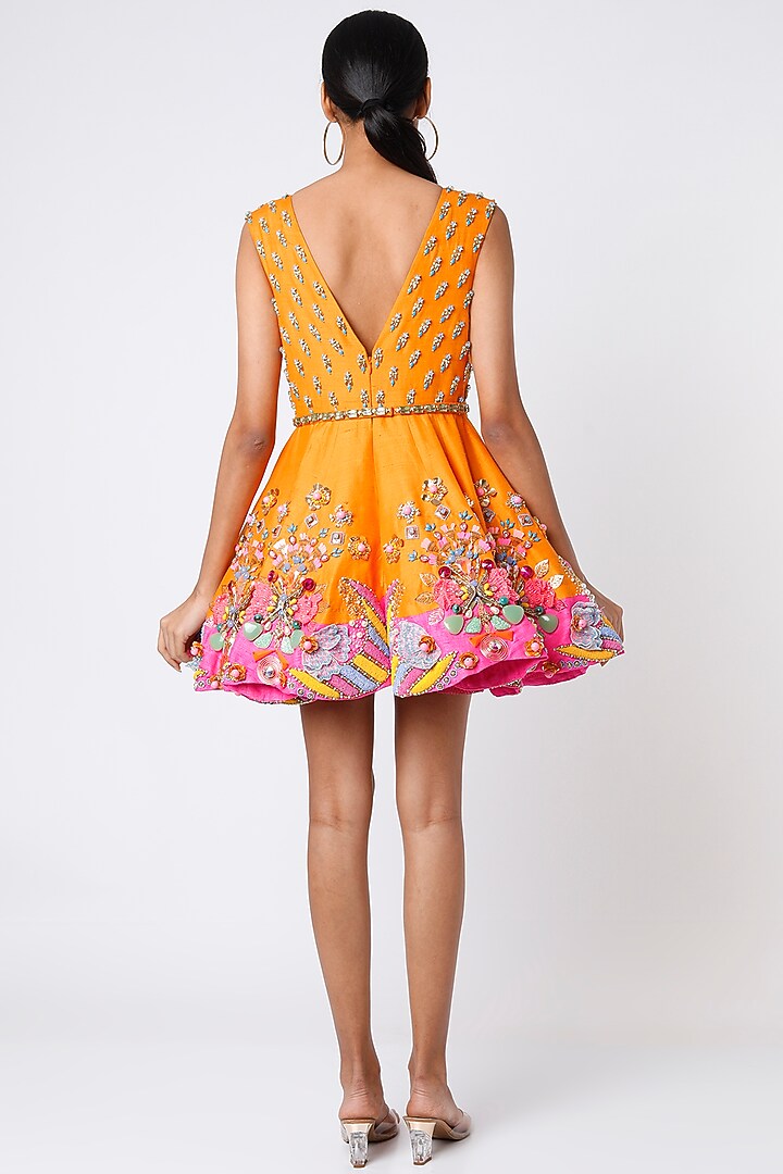 Mustard & Pink Embroidered Mini Party Wear Dress by Papa Don't Preach by Shubhika at Pernia's Pop Up Shop