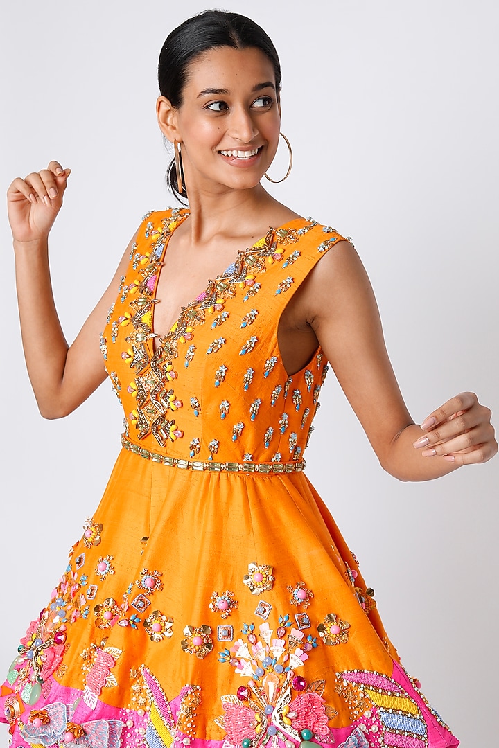Mustard & Pink Embroidered Mini Party Wear Dress by Papa Don't Preach by Shubhika at Pernia's Pop Up Shop