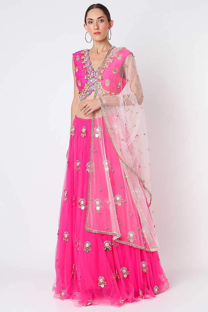 Hot Pink Embroidered Bridal Lehenga Set by Papa Don't Preach by Shubhika at Pernia's Pop Up Shop