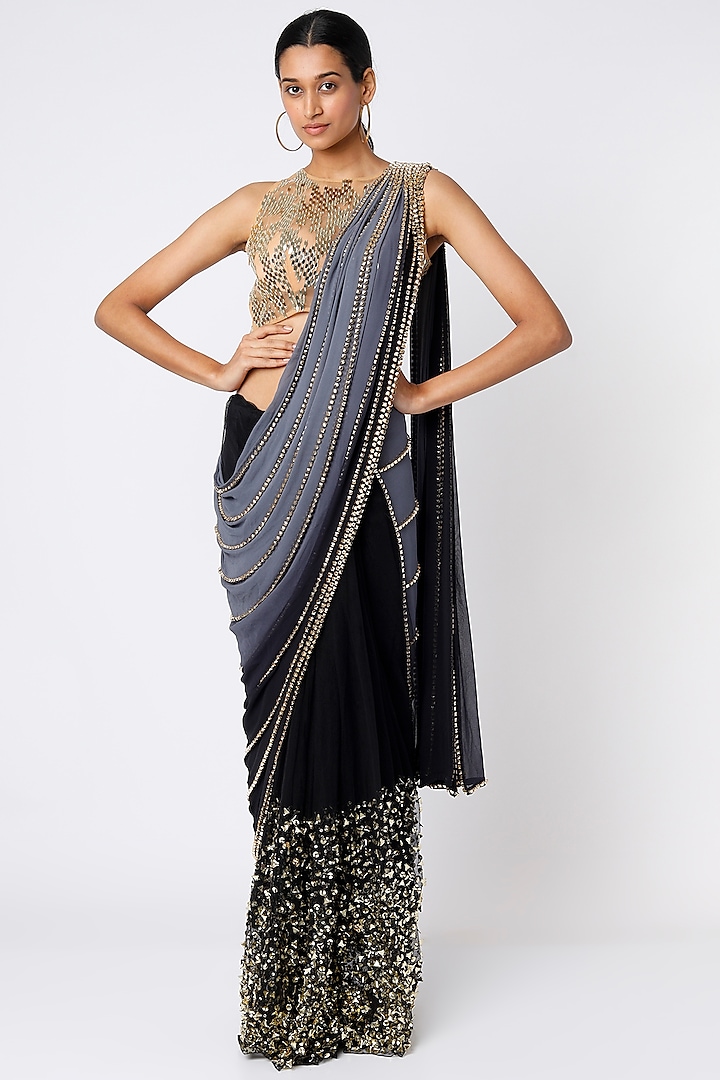 Black Embellished Pre-Stitched Saree Set by Papa Don't Preach by Shubhika