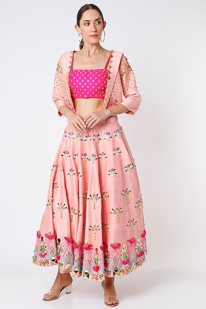 Peach Raw Silk Embroidered Bridal Lehenga Set by Papa Don't Preach by Shubhika at Pernia's Pop Up Shop