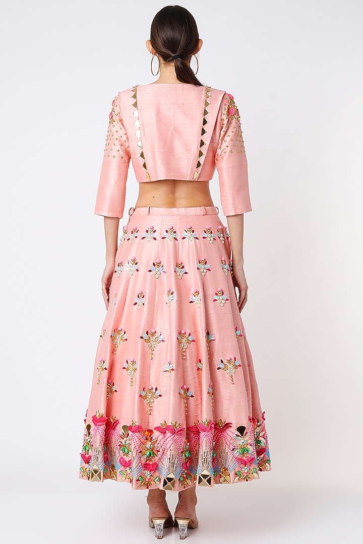 Peach Raw Silk Embroidered Bridal Lehenga Set by Papa Don't Preach by Shubhika at Pernia's Pop Up Shop