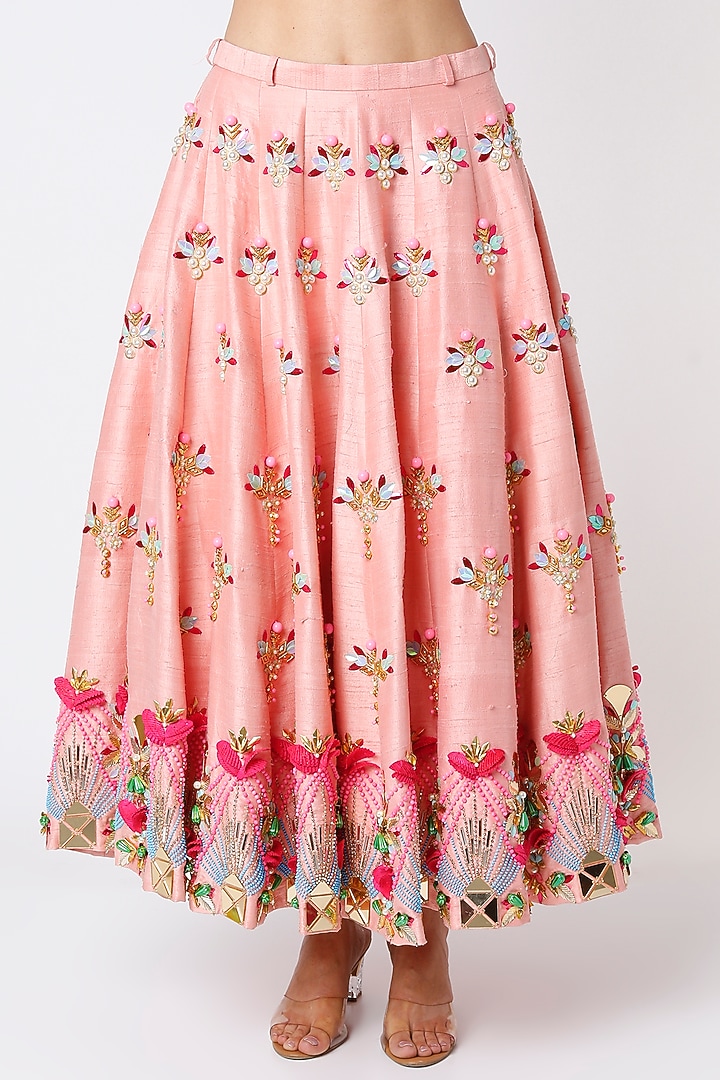 Peach Raw Silk Embroidered Bridal Lehenga Set by Papa Don't Preach by Shubhika at Pernia's Pop Up Shop