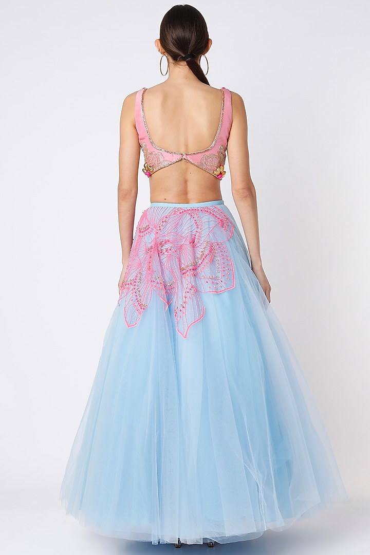 Powder Blue & Pink Embellished Bridal Lehenga Set by Papa Don't Preach by Shubhika at Pernia's Pop Up Shop