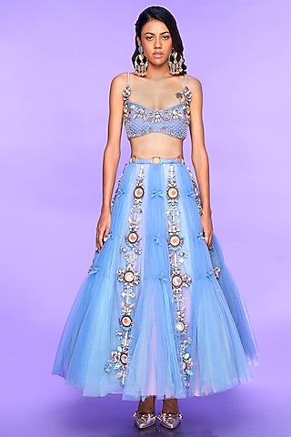 Blue & Lilac Embellished Paneled Lehenga Set by Papa Don't Preach by Shubhika