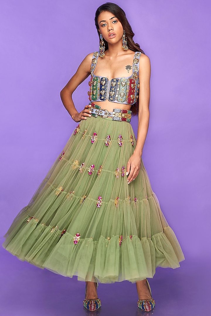 Moss Green Embellished Tiered Half Lehenga Set by Papa Don't Preach by Shubhika
