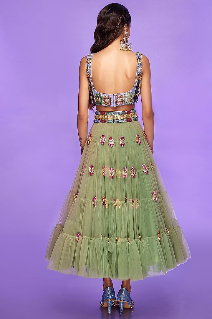 Moss Green Embellished Tiered Half Bridal Lehenga Set by Papa Don't Preach by Shubhika at Pernia's Pop Up Shop