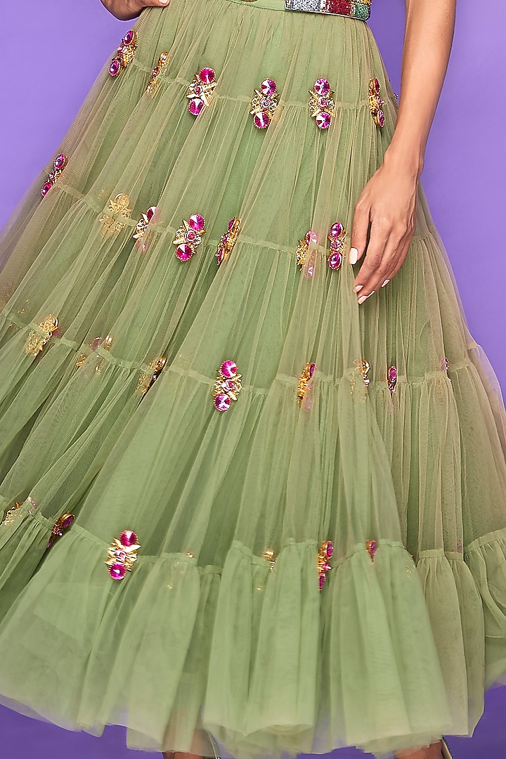 Moss Green Embellished Tiered Half Bridal Lehenga Set by Papa Don't Preach by Shubhika at Pernia's Pop Up Shop