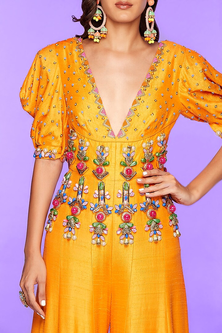 Mango Yellow Embrodiered Jumpsuit by Papa Don't Preach by Shubhika at Pernia's Pop Up Shop