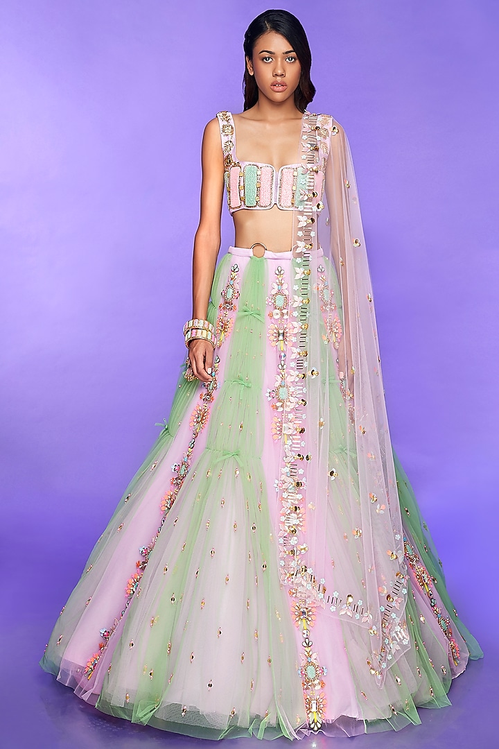 Green & Blush Pink Embellished Gathered Lehenga Set by Papa Don't Preach by Shubhika