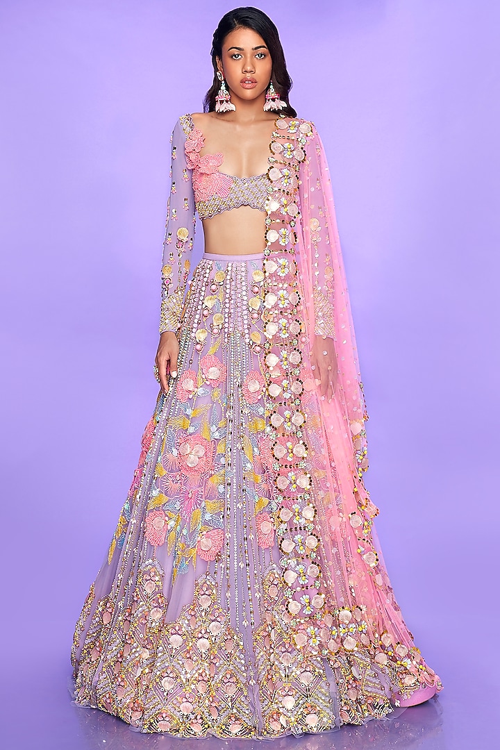 Lilac Embroidered Lehenga Set by Papa Don't Preach by Shubhika