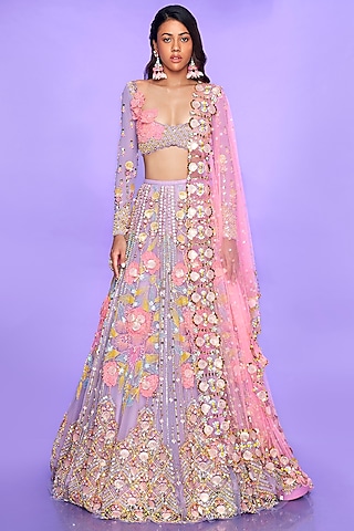 Lilac Embroidered Lehenga Set by Papa Don't Preach by Shubhika