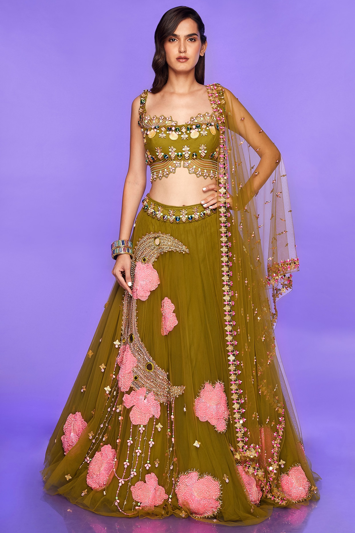 Olive Green & Pink Drape Lehenga Set | Drape lehenga, Olive green color,  Lehenga