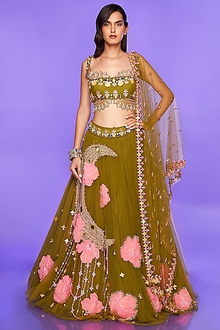 Olive Green Embroidered Lehenga Set by Papa Don't Preach by Shubhika