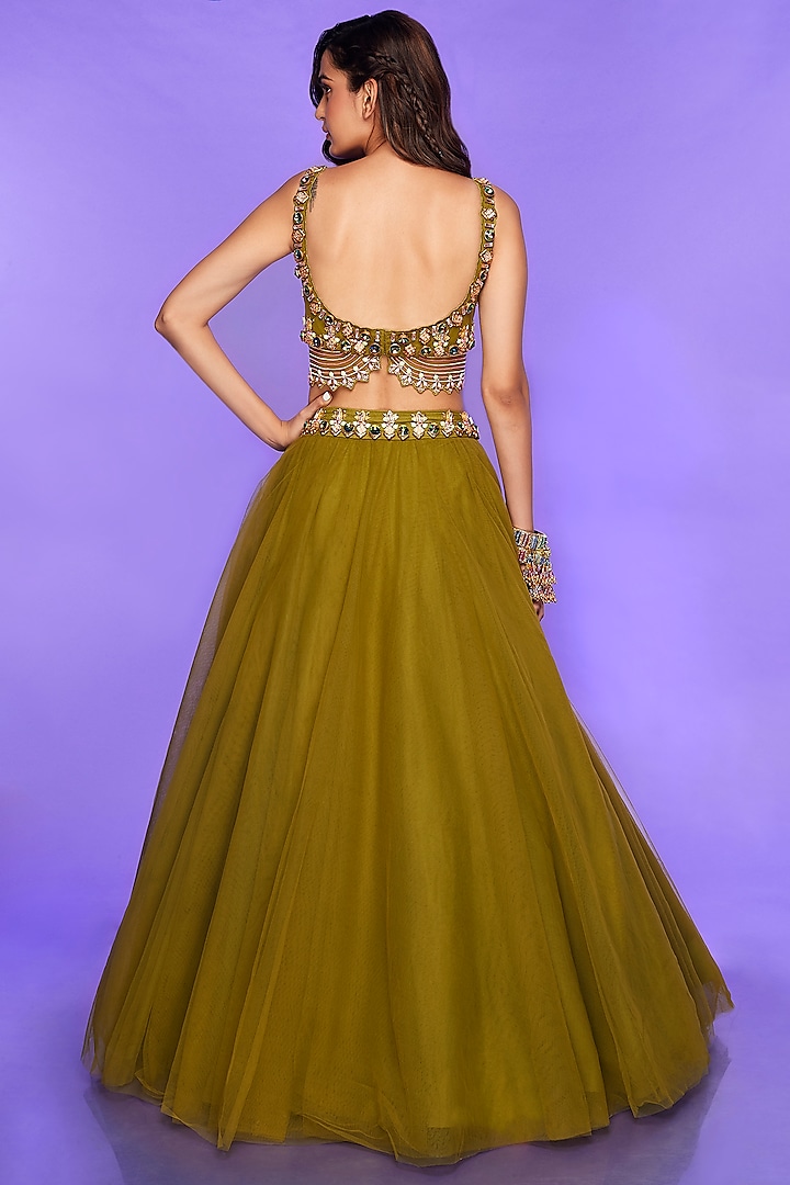 Olive Green Embroidered Bridal Lehenga Set by Papa Don't Preach by Shubhika at Pernia's Pop Up Shop
