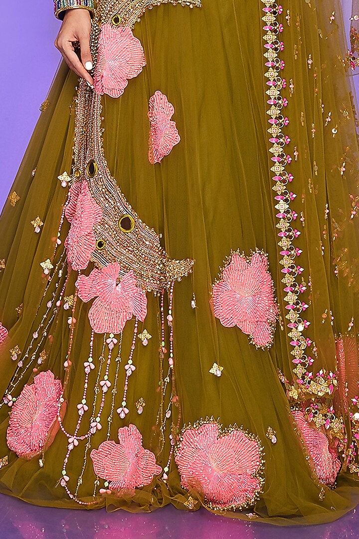Olive Green Embroidered Bridal Lehenga Set by Papa Don't Preach by Shubhika at Pernia's Pop Up Shop