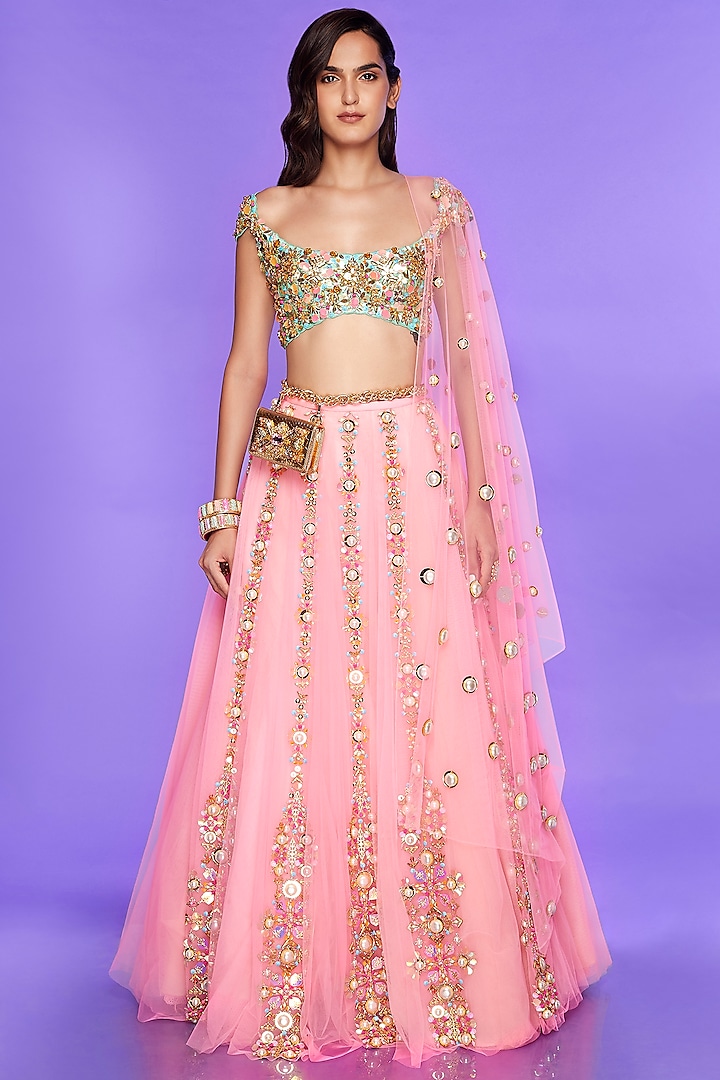 Candy Pink Embellished Lehenga Set by Papa Don't Preach by Shubhika