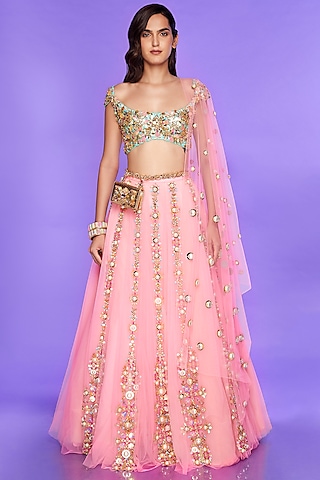 Candy Pink Embellished Lehenga Set by Papa Don't Preach by Shubhika