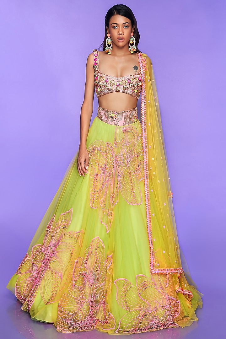 Lime Embellished Lehenga Set by Papa Don't Preach by Shubhika