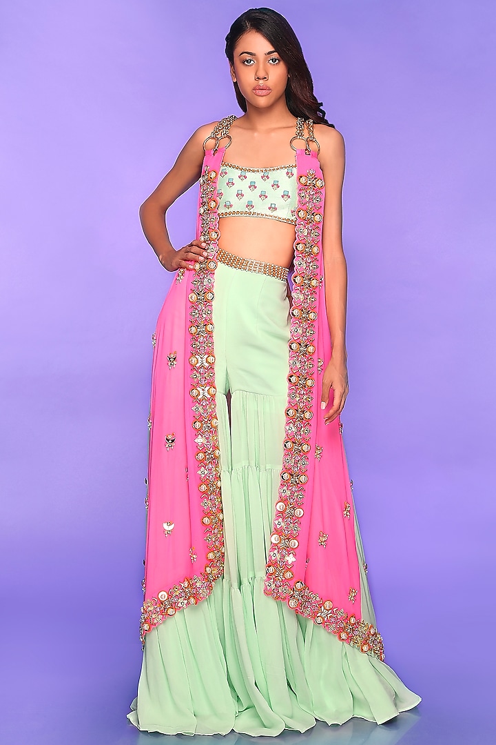 Mint Sharara Set With Cape by Papa Don't Preach by Shubhika