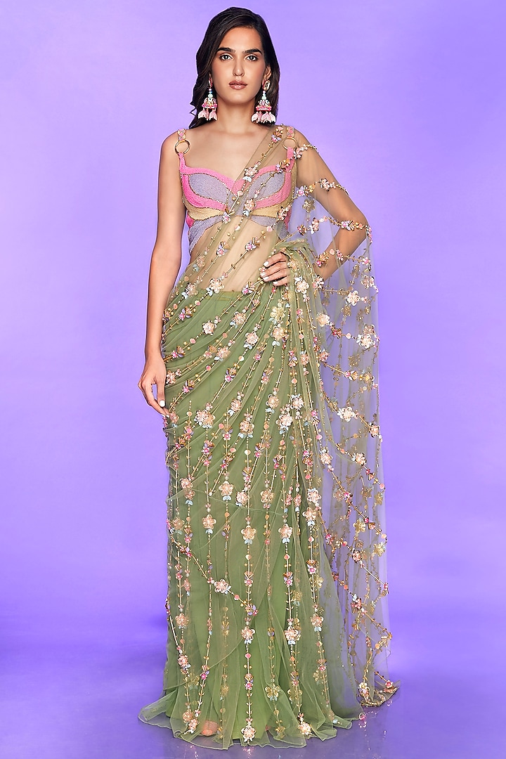Moss Green Tulle Floral Metal Embellished Pre-Stitched Saree Set by Papa Don't Preach by Shubhika