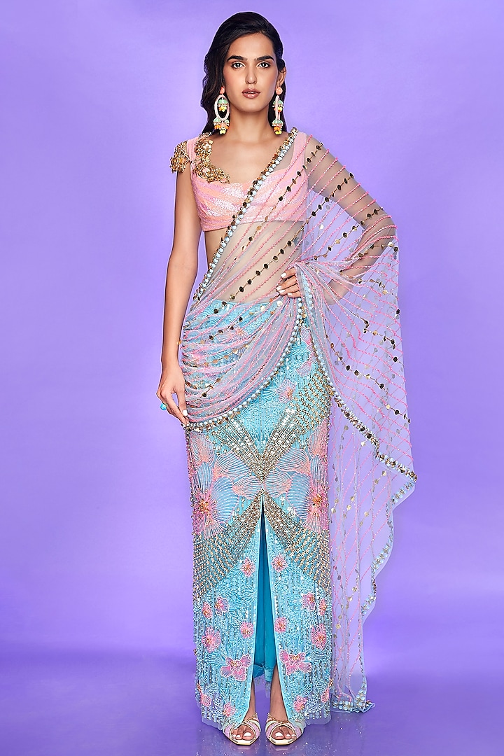 Ice Blue Embellished Pre-Stitched Saree Set by Papa Don't Preach by Shubhika
