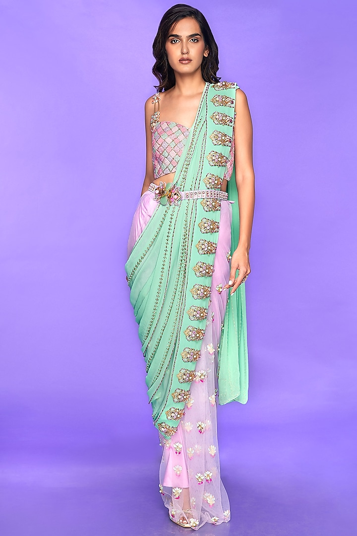 MINT GREEN PRE DRAPED CAPE EMBELLISHED SAREE – Swish By Dolcy & Simran