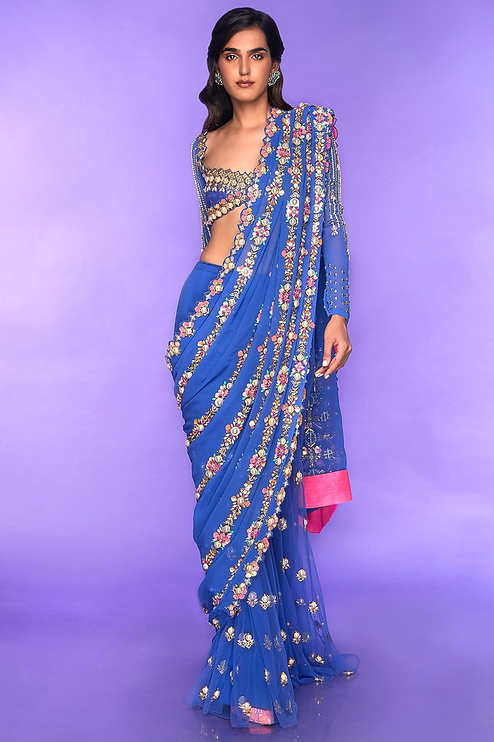 Blue Embellished Pre-Stitched Saree Set by Papa Don't Preach by Shubhika