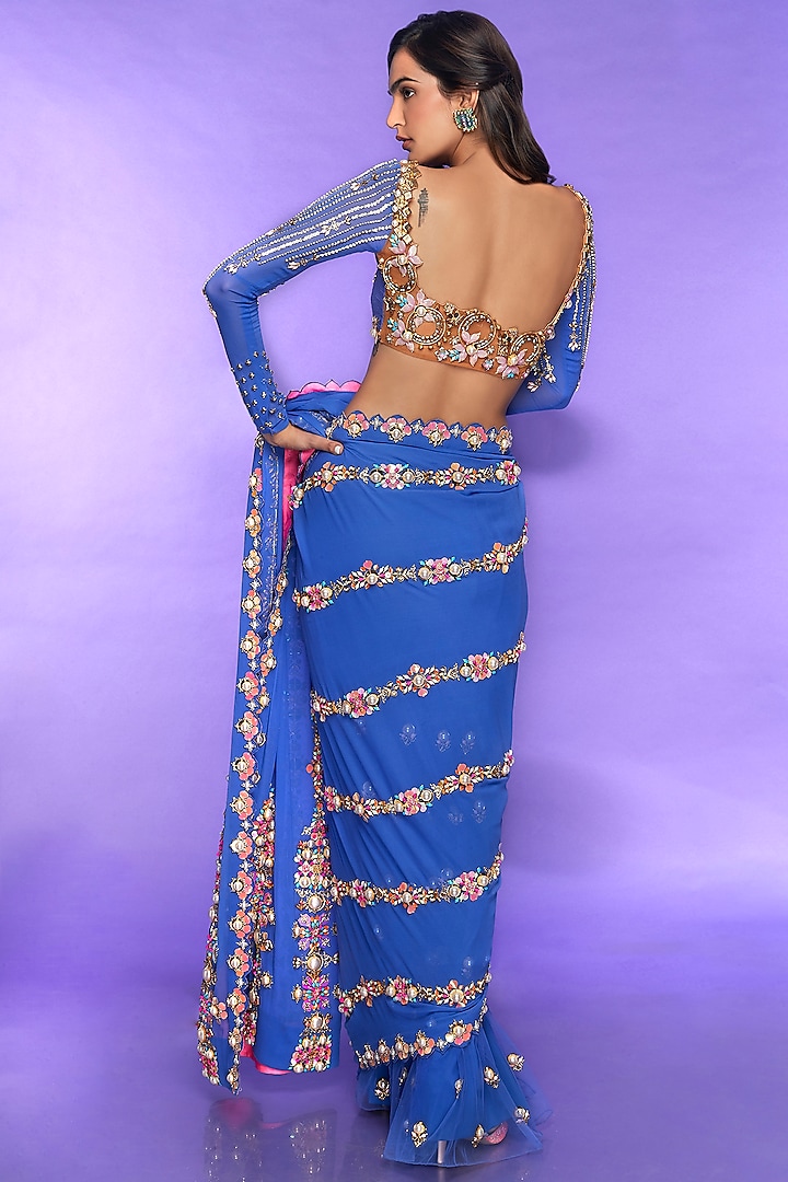Blue Embellished Pre-Stitched Bridal Saree Set by Papa Don't Preach by Shubhika at Pernia's Pop Up Shop