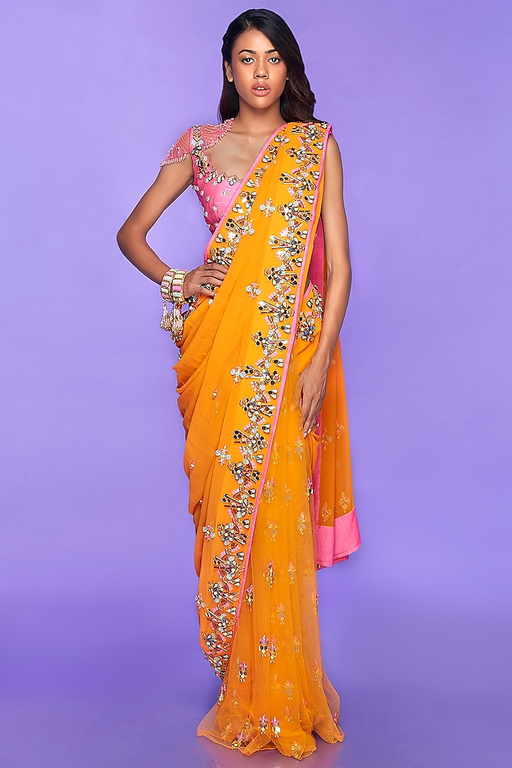 Mango Yellow Tulle & Georgette Sequins Embellished Pre-Stitched Saree Set by Papa Don't Preach by Shubhika