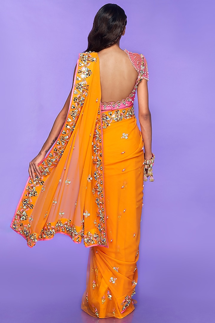 Mango Yellow Tulle & Georgette Sequins Embellished Pre-Stitched Bridal Saree Set by Papa Don't Preach by Shubhika at Pernia's Pop Up Shop