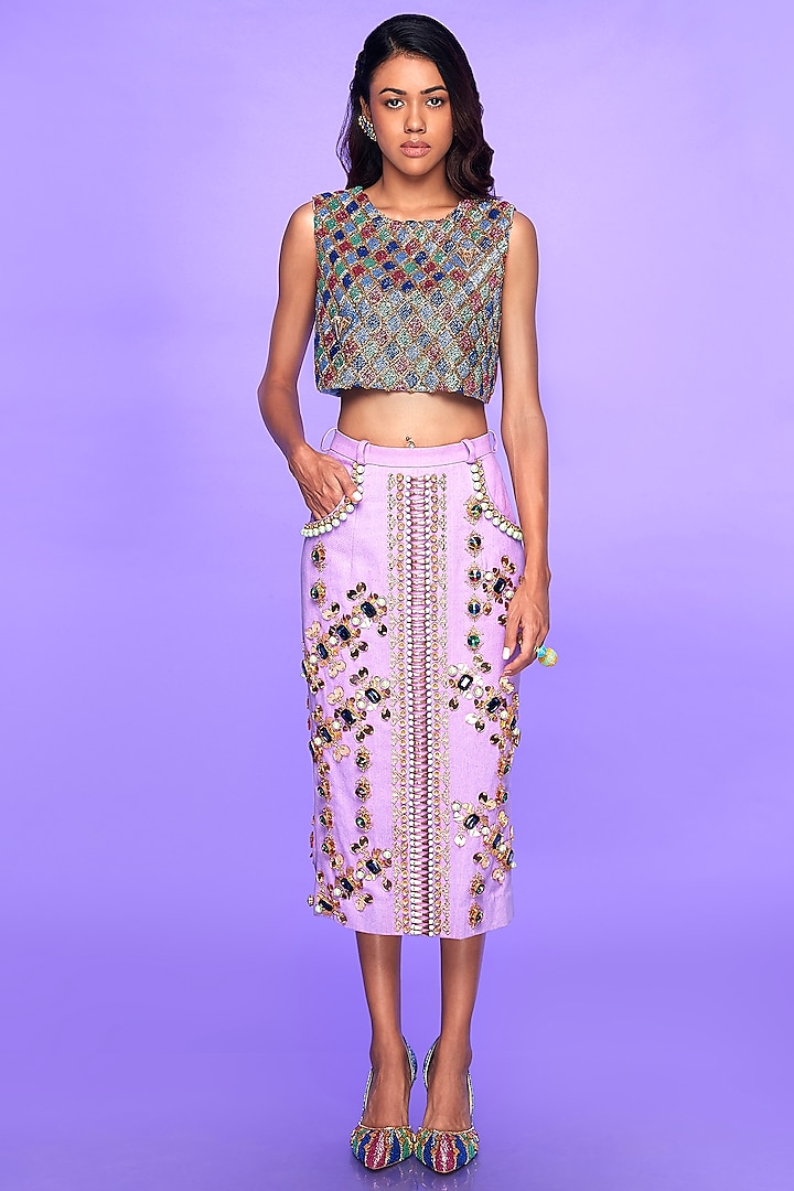 Lilac Embellished Bodycon Skirt Set by Papa Don't Preach by Shubhika