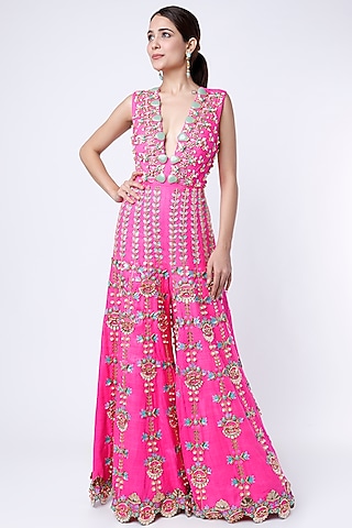 Hot Pink 3D Embroidered Jumpsuit by Papa Don't Preach by Shubhika