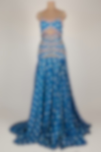 Blue Printed Lehenga With Embellished Blouse by Papa Don't Preach by Shubhika at Pernia's Pop Up Shop