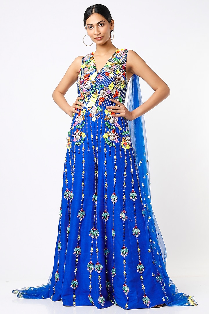 Electric Blue Embroidered Jumpsuit by Papa Don't Preach by Shubhika at Pernia's Pop Up Shop