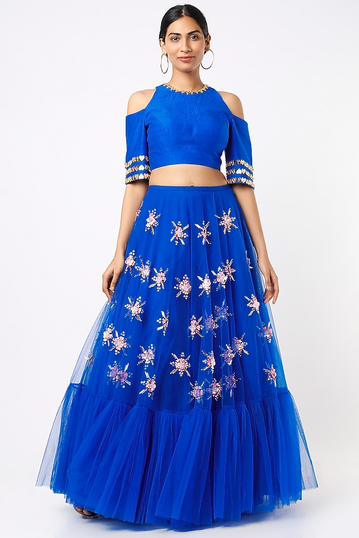 Electric Blue Embroidered Wedding Lehenga Set by Papa Don't Preach by Shubhika at Pernia's Pop Up Shop