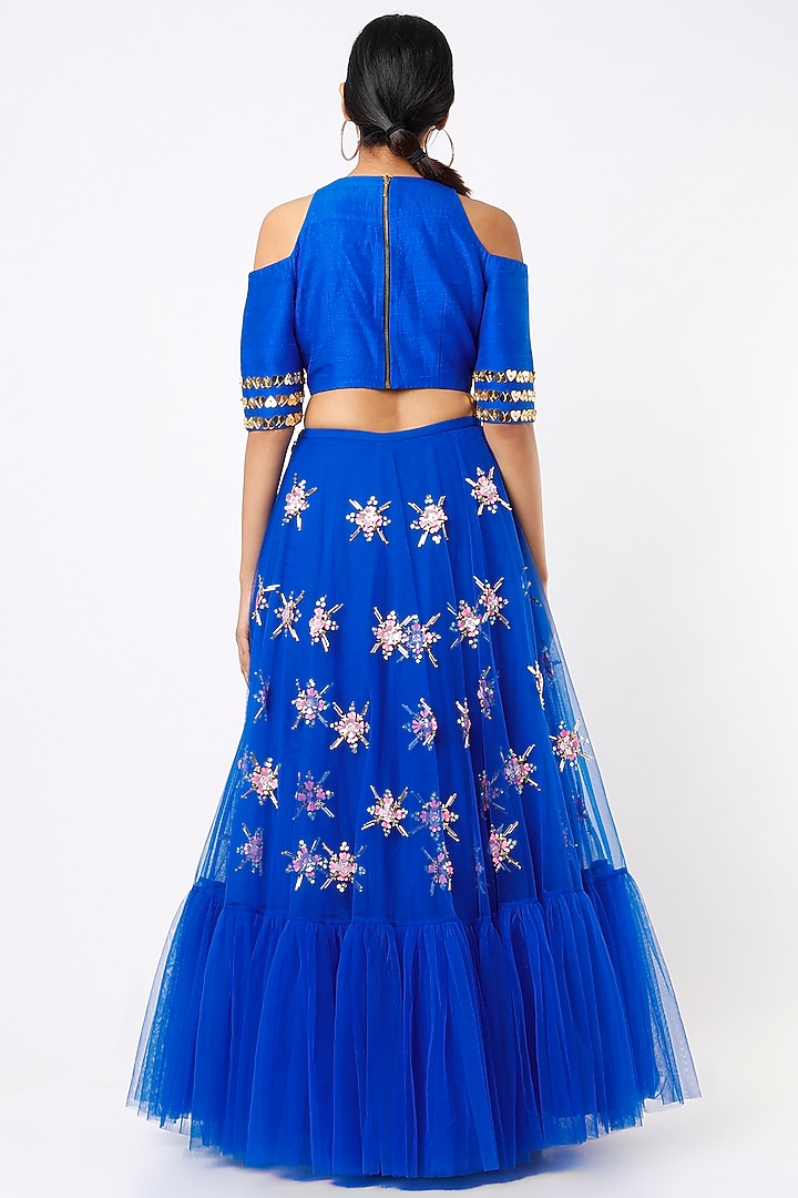 Electric Blue Embroidered Wedding Lehenga Set by Papa Don't Preach by Shubhika at Pernia's Pop Up Shop