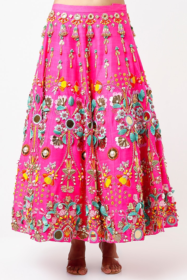 Hot Pink Embroidered Half-Bridal Lehenga Set by Papa Don't Preach by Shubhika at Pernia's Pop Up Shop